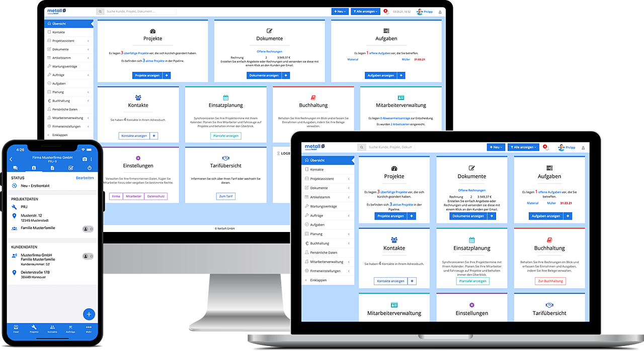 Nutzen Sie die NetSoft Metall S Software im Außendienst per Smartphone-App oder am Büro-Computer Bild: Die NetSoft Metall S Software ist auf allen Geräten verfügbar - auch mobil per Smartphone oder Tablet